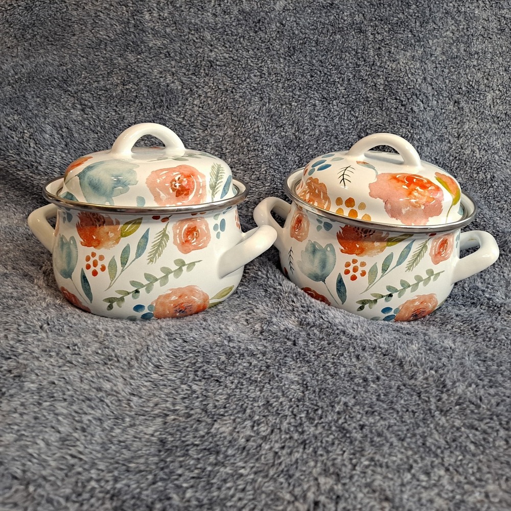 Crofton Enamel Stockpots Set 2pc 1QT Floral Double Handle W/Lids Multicolor